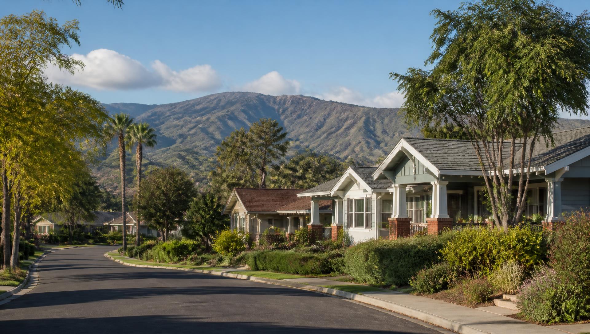 Residential street of Craftsman homes in Santa Paula, CA with the foothills behind